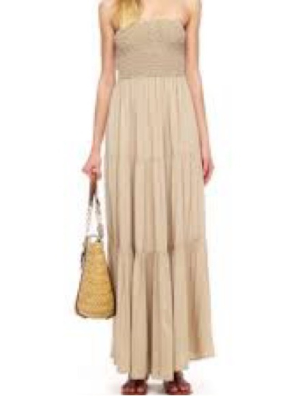 Michael Kors Strapless Khaki Smocked Tiered Maxi Dress Womens M